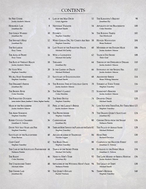 Mini-Dungeon Tome PFRPG PDF contents page, by AAW Games, featuring over 130 Pathfinder adventures and a detailed table of contents, a comprehensive resource for discerning Game Masters and fans of the Pathfinder Roleplaying Game system.
