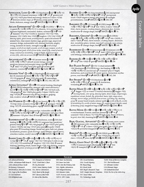 AAW Games Mini-Dungeon Tome PDF for Pathfinder Roleplaying Game, a comprehensive collection of 130+ adventures, creature index and statistics with black text on white background, designed for Game Masters.