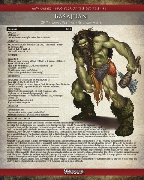 Large Basajuan PDF product by AAW Games features a 7ft hulking bipedal figure, 7ft tall, with fur, dark hair, ruddy verdant-toned flesh, and primitive loincloth, ideal for fantasy PDF gaming.