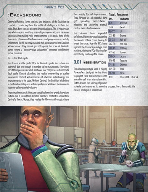 Future's Past: First Contact (3 of 5) SFRPG PDF, a sci-fi RPG game featuring two alien characters in a futuristic setting, with illustrations of game mechanics and background, in a small or medium-sized PDF file.