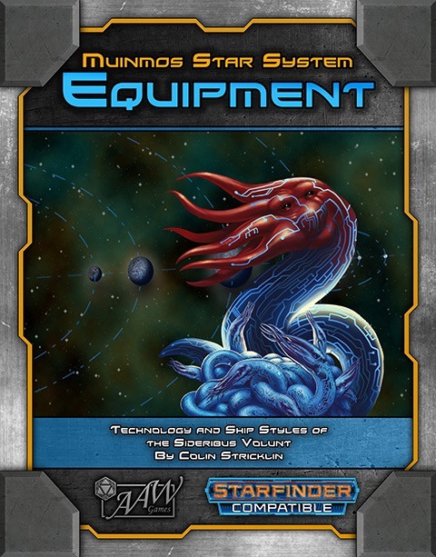 Muinmos Star System Set by Colin Stricklin, a digital equipment pack for Starfinder-compatible tabletop gaming, featuring 16-page PDF with equipment, ship styles, and alien life forms in a starry, celestial background.