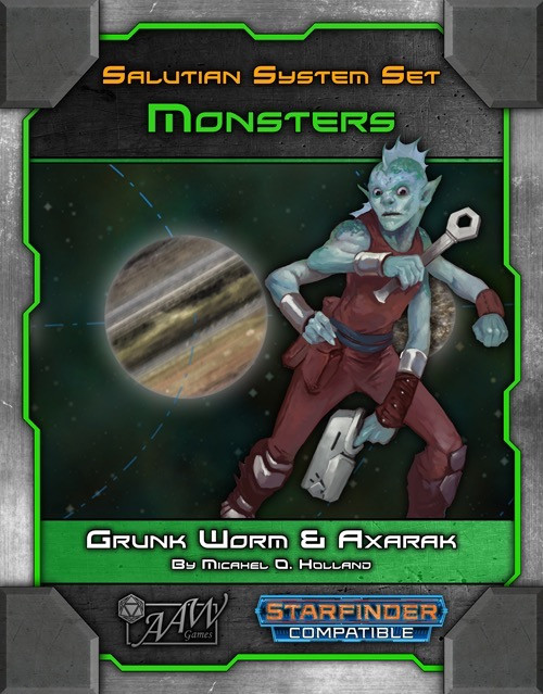 Salutian Star System Set: Monsters PDF by Michael O. Holland, featuring creatures Grunk Worm and Axarak in a jungle environment with a planet and deadly alien landscape, compatible with Starfinder game system.