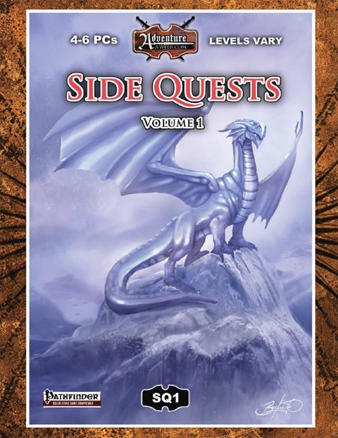 Pathfinder side quests, a Volume 1 PDF cover featuring a purple dragon, Adventure A Week and Pathfinder logos, details for 4-6 character PCs of levels 5-11, designed for quick one-shot adventures.