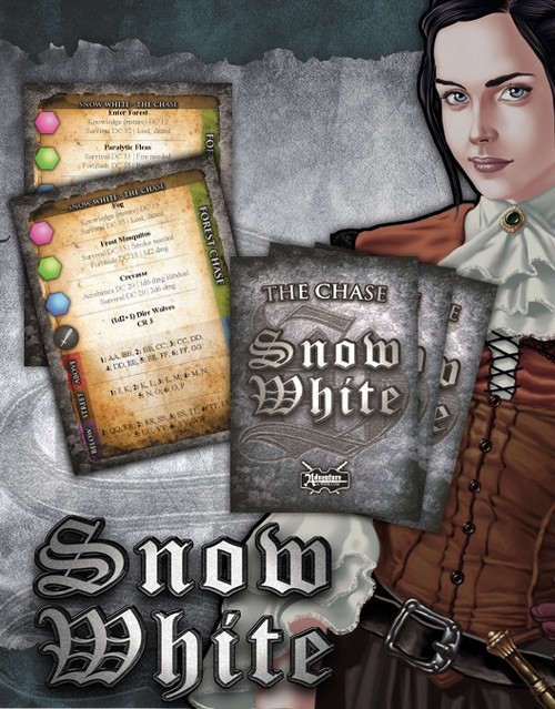 Snow White: The Chase Deck for Pathfinder Roleplaying Game, offering  city and forest chase scene cards in PDF format, featuring a woman in a brown dress with a ruffled collar.