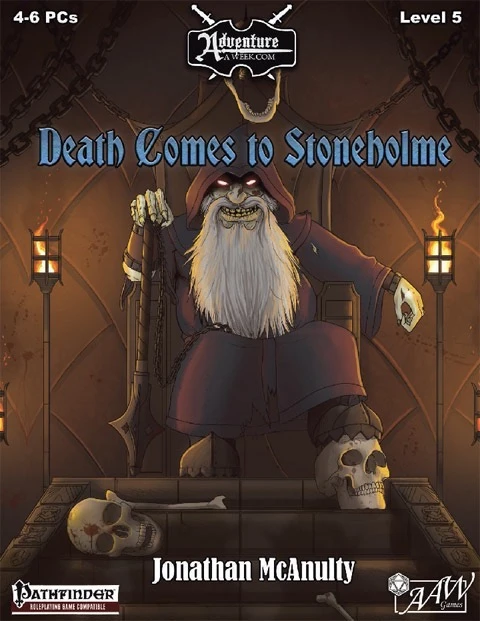 Pathfinder Roleplaying Game PDF "Death Comes to Stoneholme" cover features a white-bearded figure in a red robe with a sword, skulls, and torches on a stone block, set against a dark and mysterious backdrop.