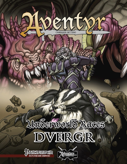 Aventyr Underworld Races Dvergr PDF, a medieval fantasy product featuring armored duergar, badger-like creatures, and a pink monstrous creature, duergar artwork with fantasy and adventure themes,  digital download, 1 PDF file, full color.
