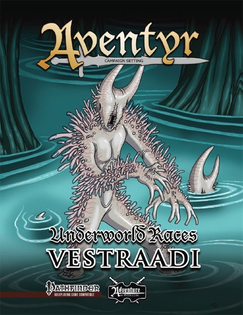 Aventyr Underworld Races: Vestraadi PDF, a Pathfinder Roleplaying Game product featuring an aquatic creature with horns, spiky skin, and teal background, with Aventyr and Pathfinder logos prominently displayed in a 1-page digital format.