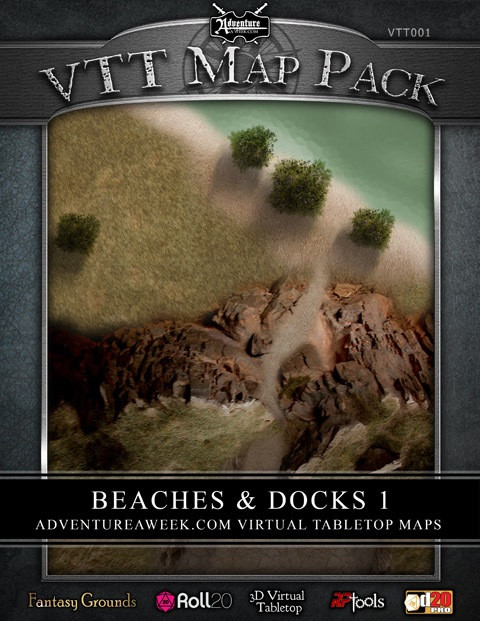 VTT MAP PACK: Beaches & Docks 1 Download, a collection of virtual tabletop maps featuring rocky coastlines, sand, grass, and trees, compatible with Roll20, Fantasy Grounds, and other platforms for digital tabletop gaming.
