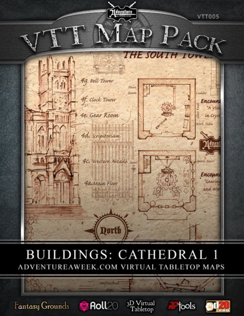 VTT MAP PACK: Cathedral 1 virtual tabletop maps, featuring medieval illustrations, sepia-toned room layouts from AdventureAWeek.com, compatible with Fantasy Grounds, Roll20, 3D Virtual Tabletop, and MapTools download.