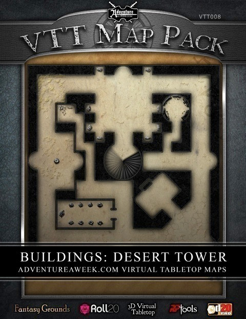 VTT MAP PACK Desert Tower download, featuring beige and black desert architecture layouts compatible with Virtual Tabletop software including Fantasy Grounds, Roll20, 3D Virtual Tabletop, and Astral.