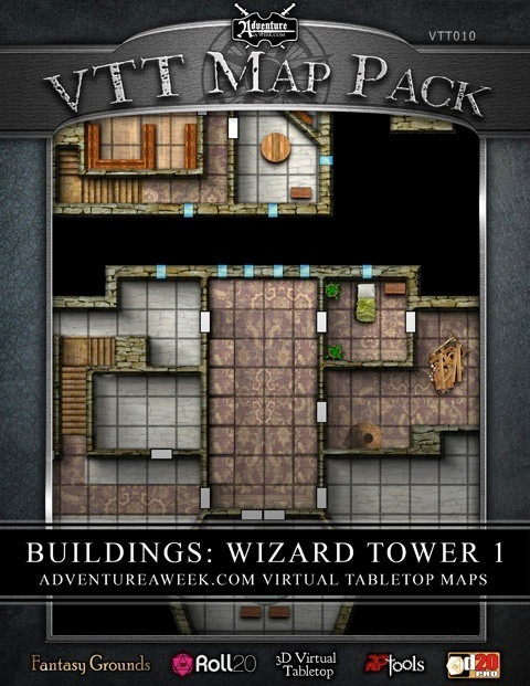 VTT MAP PACK: Wizard Tower digital tabletop map featuring a dark, brown, and gray floor plan with wooden furniture, compatible with Fantasy Grounds, Roll20, and virtual tabletops.
