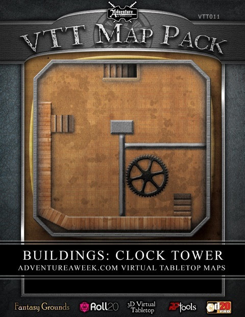 Brown clock tower map with grey accents and large cog on virtual tabletop background, compatible with Fantasy Grounds and Roll20, part of VTT MAP PACK download from AdventureAWeek.com.