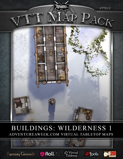 Virtual tabletop maps of fantasy buildings in a wilderness setting, compatible with Fantasy Grounds, Roll20, and Astral tools, featuring a gray background and greenery, from the VTT MAP PACK: Buildings - Wilderness 1 download.