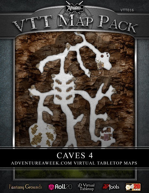 Virtual tabletop maps from AdventureAWeek.com, featuring cave system illustrations on a brown background, included in VTT MAP PACK: Caves 4, a download compatible with Fantasy Grounds and other tabletop platforms.