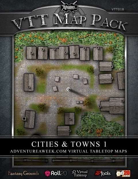 VTT MAP PACK: Cities & Towns 1 download, a fantasy town map featuring wooden buildings, greenery, and orange flowers, suitable for virtual tabletop use with Fantasy Grounds, Roll20, and 3D Virtual Tabletop.