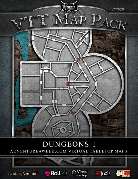 VTT MAP PACK: Dungeons 1 download maps on a gray stone background with brown accents and blue elements, compatible with virtual tabletop platforms like Fantasy Grounds and Roll20.