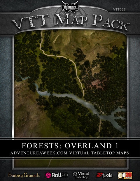 VTT MAP PACK: Forests - Overland 1 downloadable map, a fantasy forest and river landscape, suitable for virtual tabletop games on platforms like Roll20 and Fantasy Grounds.