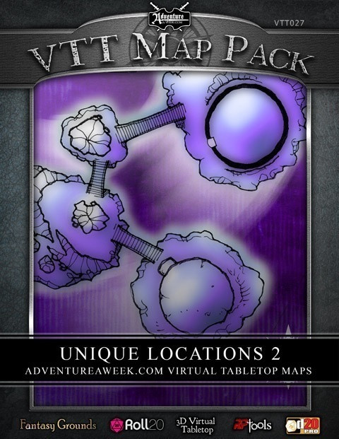 VTT Map Pack: Unique Locations 2, a fantasy map pack with various purple-colored locations, compatible with virtual tabletop software, including Fantasy Grounds, Roll20, 3D Virtual Tabletop, and Astral Tabletop, for virtual tabletop gaming.