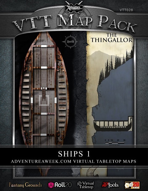 VTT MAP PACK: Ships 1 download featuring a fantasy landscape with a wooden boat, compatible with virtual tabletops like Fantasy Grounds, Roll20, and 3D Virtual Tabletop from AdventureAWeek.com.