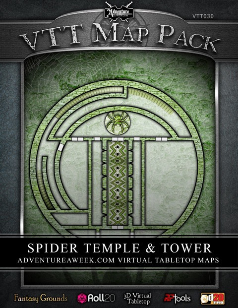 VTT MAP PACK: Spider Temple & Tower download for virtual tabletops, including Fantasy Grounds, Roll20, 3D Virtual Tabletop, and Astral, featuring green and grey maps with a spider emblem design.