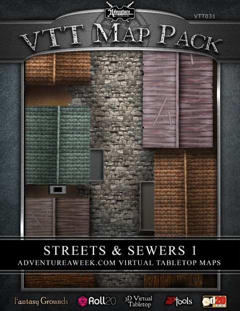 Virtual tabletop maps download, VTT MAP PACK: Streets & Sewers 1, medieval-style maps with stone walls, wooden shutters, and industrial elements, suitable for Fantasy Grounds, Roll20, and 3D Virtual Tabletop compatible use.
