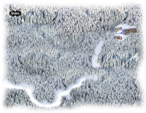 Snowy Forest Trail VTT map, a high-resolution, grid-free design for Roll20, d20pro, and Fantasy Grounds, featuring a large transparent background and a snowy forest landscape by Todd Gamble, 3x ENnie Award winner.