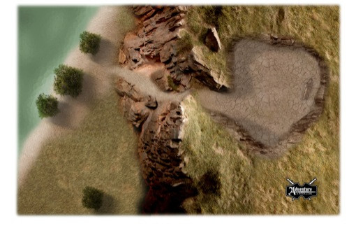 Hag's Lair virtual tabletop map, high-resolution Roll20 terrain with rocky cliffs, grassy landscape, and serene water, designed by Todd Gamble, compatible with d20pro and Fantasy Grounds, grid-free and transparent background, 3x ENnie Award winner.