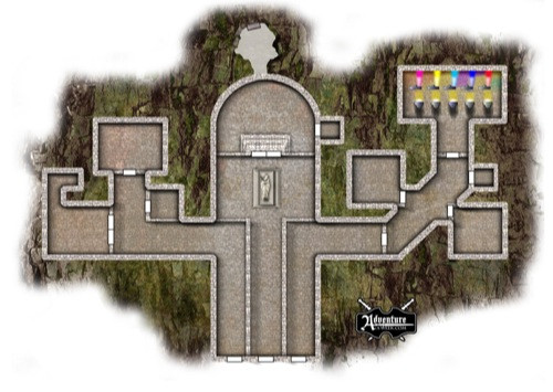 High-resolution VTT map of The Gauntlet, a large stone structure on grassy terrain, designed by Todd Gamble for Roll20, Fantasy Grounds, with grid removed and transparent background for seamless use.
