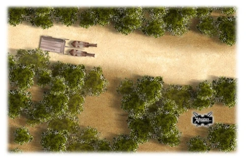 High-resolution VTT map, Road and Wagon, featuring a desert landscape with a wooden wagon, trees, and sandy terrain, available in large size for Roll20, d20pro, Fantasy Grounds, no grid, transparent background.
