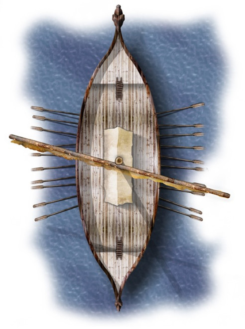Vikmordere Ship top deck map, a high-resolution Virtual Tabletop (VTT) map for Roll20 and Fantasy Grounds, featuring a large wooden ship on water, designed by Todd Gamble and suitable for large monitors, transparent background.