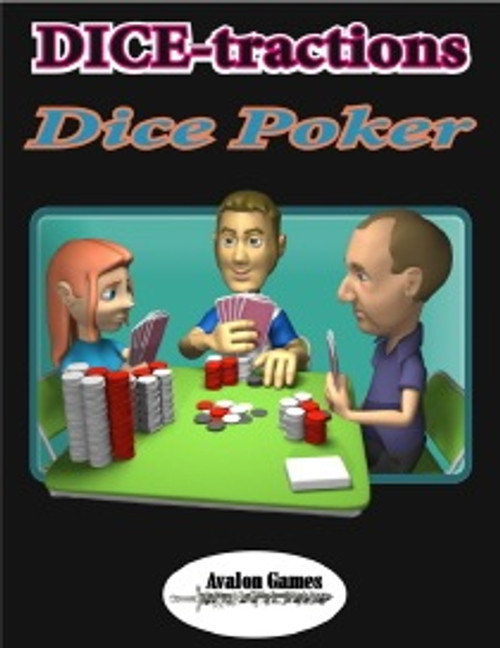 DICE-Tractions Mini-Game #105 PDF, Dice Poker, featuring a green table, black background, Avalon Games logo and three cartoon characters playing with dice and cards, on a mini game night table setting.