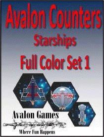 Avalon Starship Counters Set 1 PDF by Avalon Games, a set of full-color counters featuring various spaceship designs and logos on a futuristic background, suitable for RPG and board games.