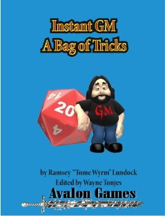 Instant GM Bag of Tricks PDF cover featuring a cartoon Game Master with a large red 20-sided die on a blue background by Avalon Games.