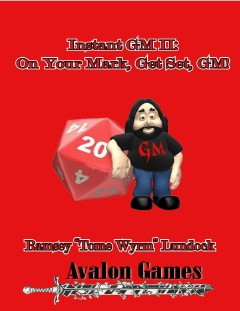 Instant GM II: On Your Mark, Get Set, GM! book cover featuring a cartoon character in a red background, black shirt, holding a 20-sided die with long hair and beard.