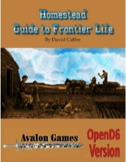 Western-themed sourcebook PDF cover featuring a rugged cowboy scene with cattle and horses set against a blue sky with white clouds, titled Homestead: Guide to Frontier Life for OpenD6.