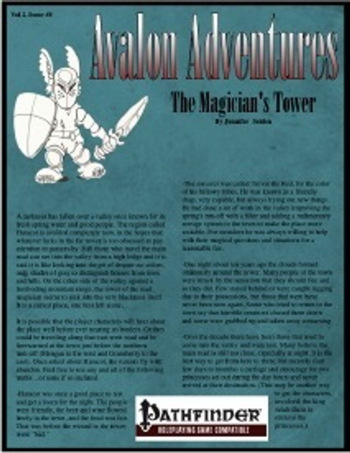 Pathfinder adventure PDF cover featuring The Magician's Tower, issue #8 from Avalon Adventures Vol 2, on a teal background with a white fantasy creature and bold red title, a logo from Avalon Games, and a sword and shield.