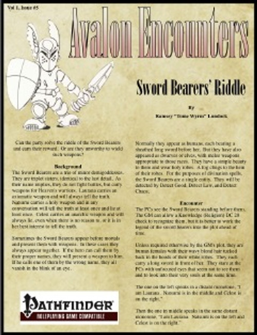 Avalon Encounters Vol 1, Issue #5 Sword Bearers PDF, a Pathfinder non-combat encounter featuring sword bearers illustration on yellow background, Avalon Games logo, and exciting adventure hooks for game night.