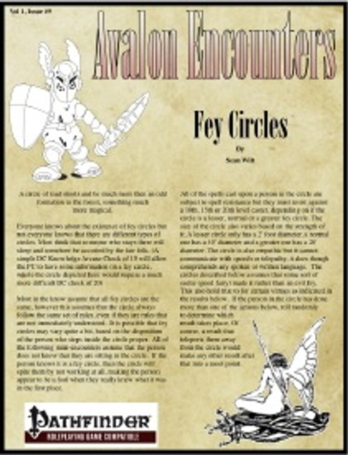Avalon Encounters Vol 1 Issue #9 Fey Circles PDF cover features a shield-wielding creature and winged figure on a parchment background with the Avalon Games logo,  designed for non-combat roleplaying game encounters and adventure hooks in the Pathfinder series.