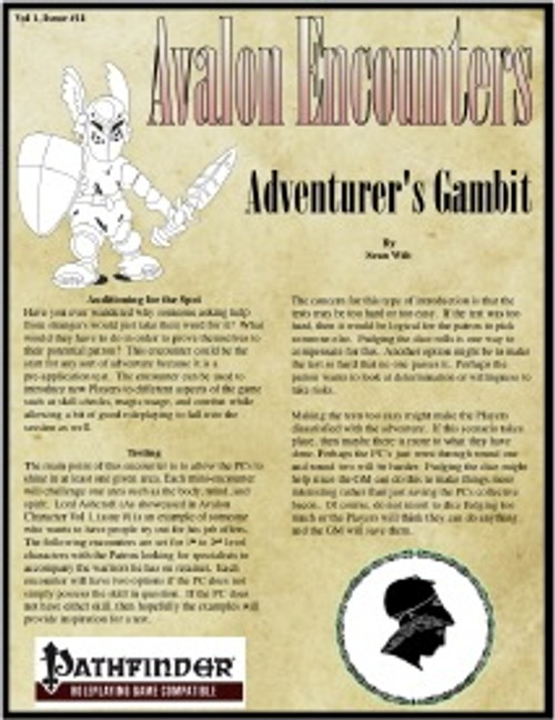Avalon Encounters Vol 1, Issue #11, The Adventurer's Gambit PDF featuring a Pathfinder RPG, with a cartoon rabbit warrior on an aged paper background and official Pathfinder logo in a fantasy adventure style