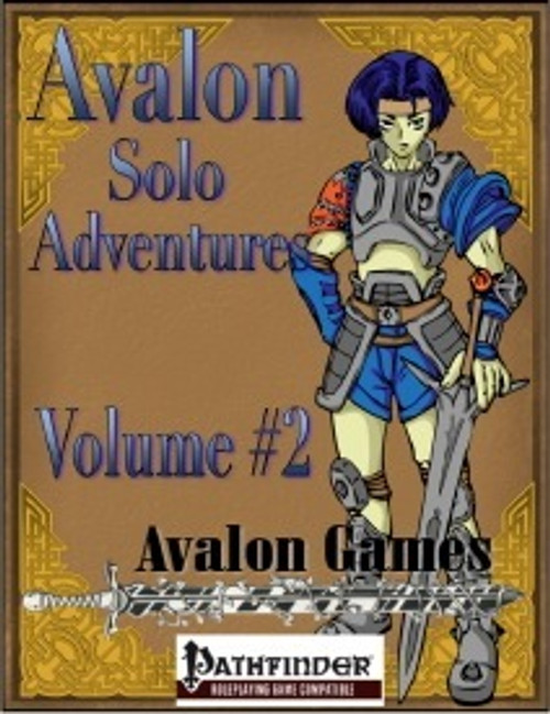 Pathfinder Solo, Rogue PDF cover art featuring a character in armor and cape, holding a sword, with gold Celtic-style designs on a brown background and the Avalon Games logo.