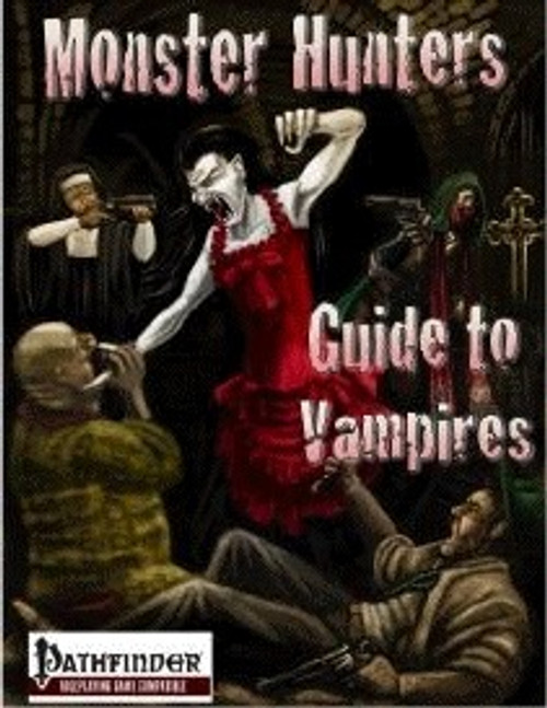 Monster Hunters Guide to Vampires PDF cover featuring a Pathfinder Roleplaying Game logo, a vampire in a red dress attacking two men against a dark ominous background with vampire lore and horror elements.