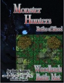 8x8 inch, full-color, printable tiles for tabletop games, compatible with RPGs, Avalon Games product featuring woodland terrain, compatible with Monster Hunters Battle of Blood, Dark Woods design for immersive gaming experience, 9 tiles in total.