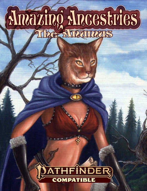 Pathfinder Second Edition ancestry PDF, featuring humanomorphic animal designs with a wolf woman wearing blue and red, against a forest backdrop, representing Anumi bestial race with ancient secrets and abilities.