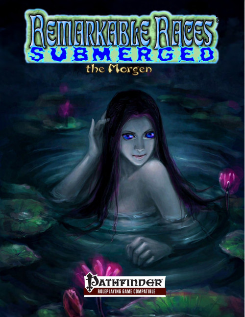 Remarkable Races Submerged PDF cover art, featuring a woman with blue eyes and long dark hair amidst lotus flowers underwater, compatible with Pathfinder and the Cerulean Seas Campaign Setting.