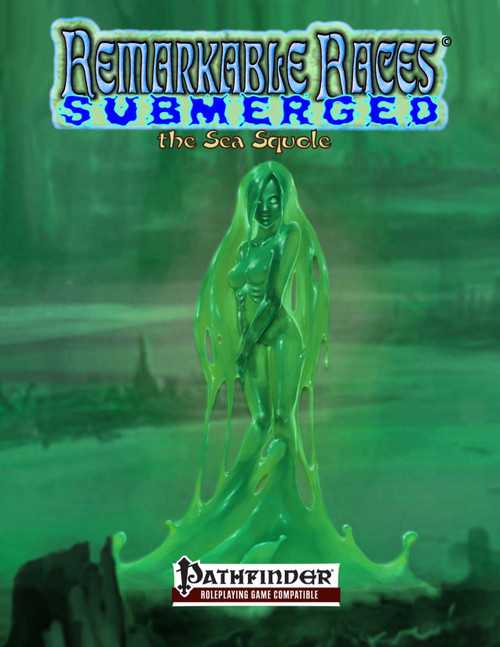 Aquatic PDF cover featuring the Sea Squole PC race, a benevolent and colorful slime humanoid, set against a green background, designed for use with the Cerulean Seas Campaign Setting and Pathfinder role-playing game.