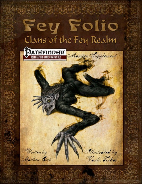 Fey Folio: Clans of the Fey PDF book cover features a black creature with sharp claws and teeth on a tan background, original art by Vasilos Zikos, a Pathfinder Roleplaying Game monster supplement.
