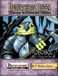 Pathfinder Roleplaying Game PDF featuring Remarkable Races—Pathway to Adventure: The Mogogol, a swashbuckling frog in silver armor holding a sword on a purple background with the RPG logo in the brand's style.