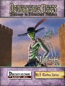 Pathfinder Roleplaying Game companion, Remarkable Races Pathway to Adventure: The Muse PDF, featuring a creative, green-skinned, winged humanoid in medieval setting, compatible with fantasy RPG art by James M. St. Lawrence in full color.