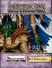 Pathfinder Roleplaying Game PDF featuring the Oakling PC race, a humanoid tree creature with brown and green skin, blue cloak and green leaves on a purple background, 1-page digital download.