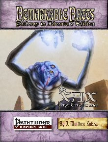 Remarkable Races Pathway to Adventure: The Xax PDF features a purple humanoid, under 4 feet tall, with beige and brown accents, showcasing a new PC race for Pathfinder RPG, promoting tolerance and acceptance in the multiverse.